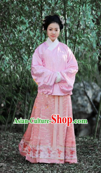 Traditional Chinese Ancient Costume Princess Pink Blouse and Skirt, Asian China Ming Dynasty Palace Lady Hanfu Clothing for Women