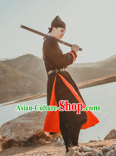 Traditional Ancient Chinese Swordsman Hanfu Costume Embroidered Black Robe, Asian China Tang Dynasty Imperial Guards Clothing for Men