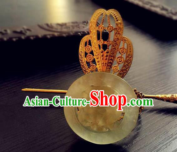 Traditional Handmade Chinese Ancient Classical Hair Accessories Han Dynasty Nobility Childe Golden Tuinga Jade Hairdo Crown Hairpins for Men