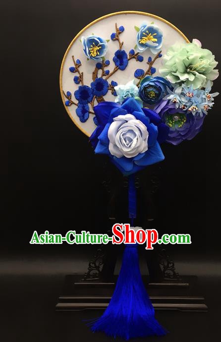 Traditional Handmade Chinese Ancient Classical Hanfu Palace Lady Blue Flowers Embroidered Round Fans for Women
