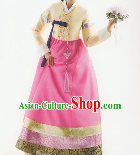 Traditional Korean Costumes Bride Formal Attire Ceremonial Yellow Blouse and Full Dress, Korea Hanbok Court Embroidered Wedding Clothing for Women