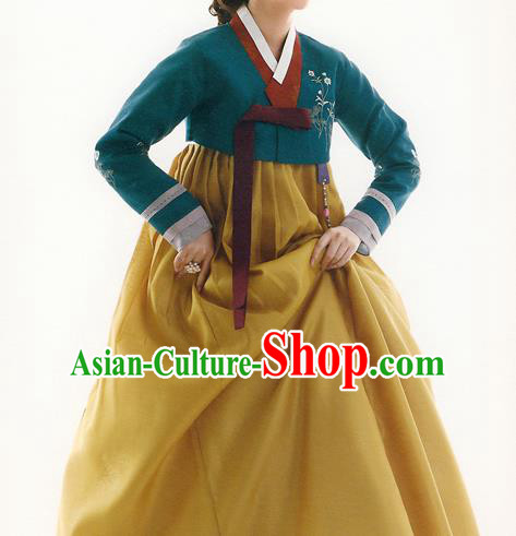 Traditional Korean Costumes Bride Formal Attire Ceremonial Green Blouse and Yellow Dress, Korea Hanbok Court Embroidered Clothing for Women