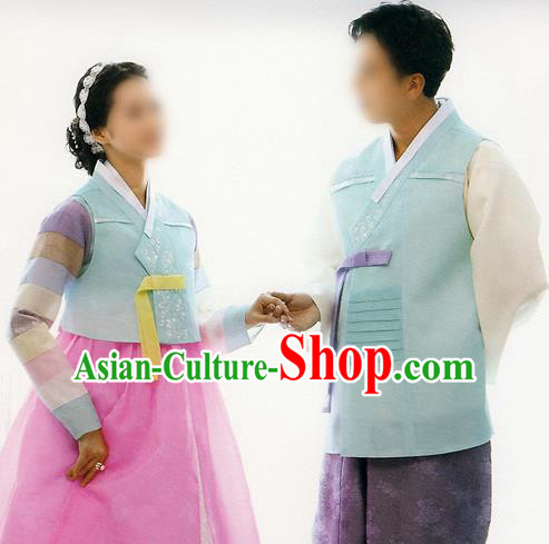 Traditional Korean Costumes Bride and Bridegroom Formal Attire Ceremonial Blue Clothes, Korea Hanbok Court Embroidered Clothing for Women for Men