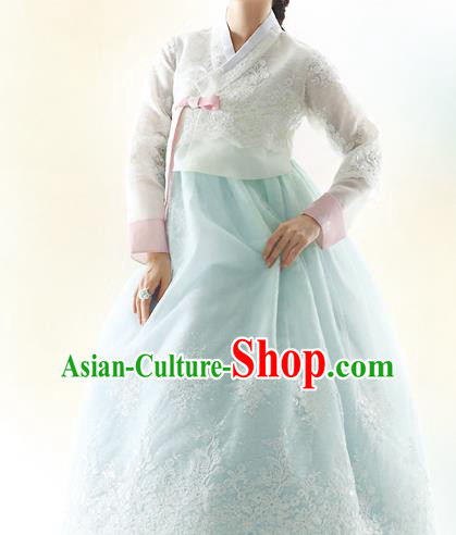 Traditional Korean Costumes Bride Formal Attire Ceremonial White Blouse and Blue Lace Dress, Korea Hanbok Court Embroidered Clothing for Women