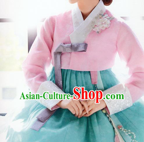 Traditional Korean Costumes Bride Wedding Pink Blouse and Green Dress, Korea Hanbok Court Embroidered Clothing for Women