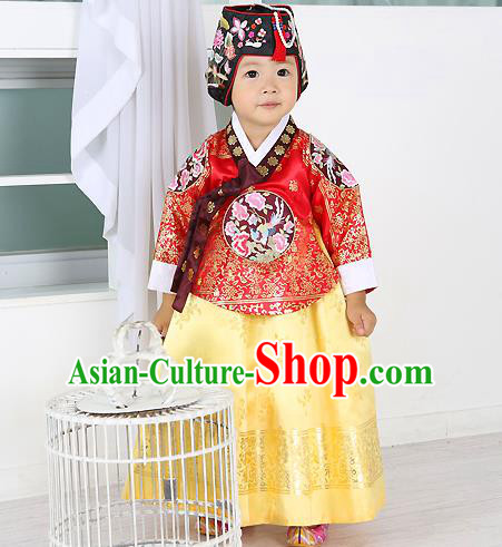 Traditional Korean Handmade Formal Occasions Costume Embroidered Baby Brithday Girls Red Blouse and Dress Hanbok Clothing