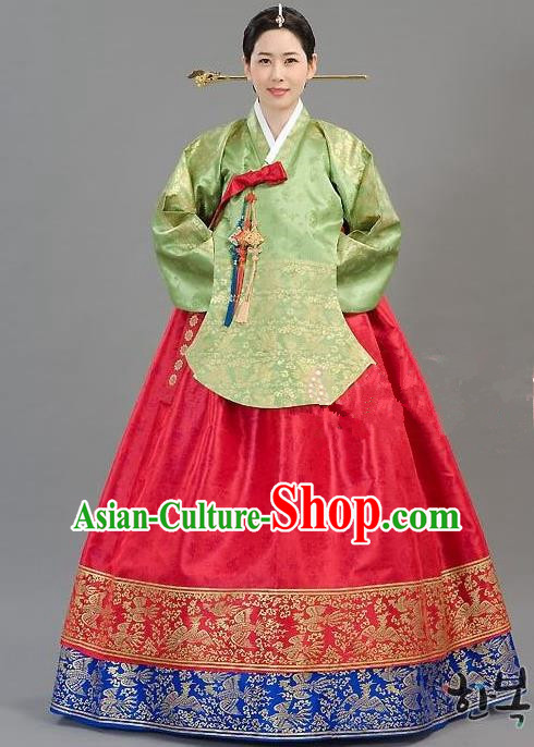 Traditional Korean Handmade Formal Occasions Costume Embroidered Green Blouse and Red Dress Hanbok Clothing for Women