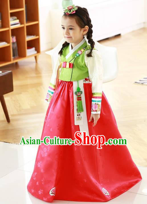 Traditional Korean Handmade Formal Occasions Costume Baby Princess Embroidered Green Blouse and Red Dress Hanbok Clothing for Girls