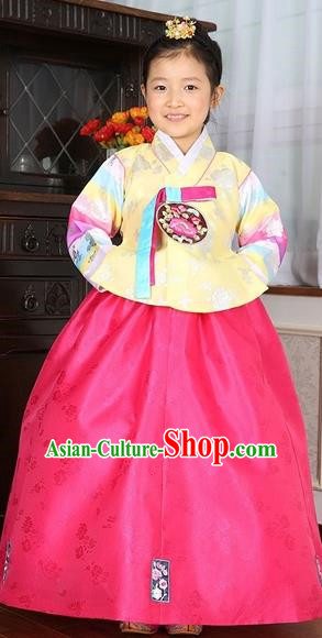 Asian Korean Traditional Handmade Formal Occasions Costume Baby Princess Embroidered Yellow Blouse and Pink Dress Hanbok Clothing for Girls