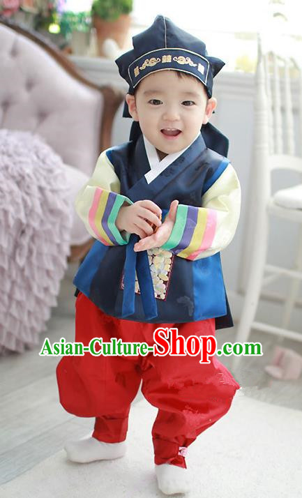 Asian Korean Traditional Handmade Formal Occasions Costume Baby Prince Embroidered Blue Hanbok Clothing for Boys