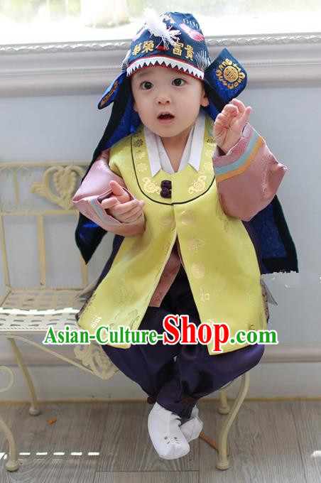 Asian Korean National Traditional Handmade Formal Occasions Costume, Palace Boys Brithday Embroidered Yellow Hanbok Clothing for Kids