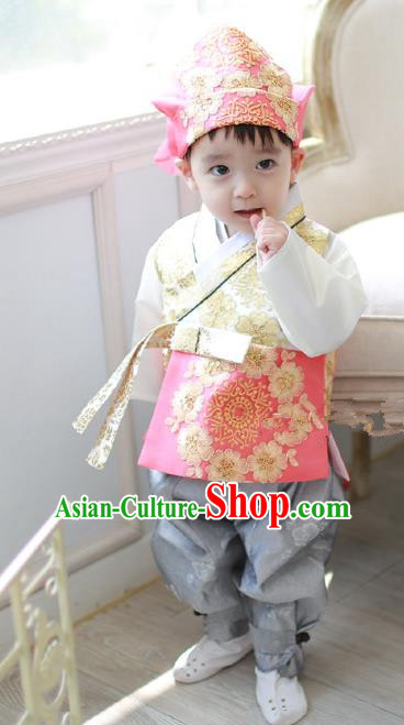 Asian Korean National Traditional Handmade Formal Occasions Costume, Palace Boys Brithday Embroidered Pink Hanbok Clothing for Kids