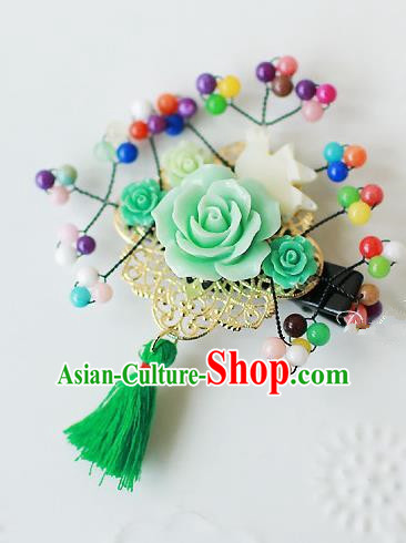 Traditional Korean Hair Accessories Green Flowers Hair Stick, Asian Korean Fashion Headwear Wedding Tassel Hair Claw for Kids