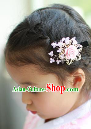 Traditional Korean Hair Accessories Pink Rose Hair Stick, Asian Korean Hanbok Fashion Headwear Hair Claw for Kids