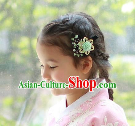 Traditional Korean Hair Accessories Green Rose Hair Stick, Asian Korean Hanbok Fashion Headwear Hair Claw for Kids
