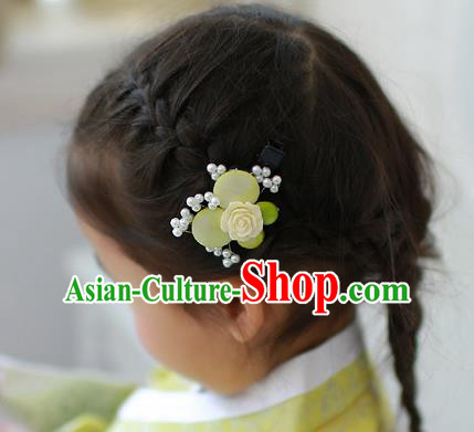 Traditional Korean Hair Accessories Green Rose Butterfly Hair Stick, Asian Korean Hanbok Fashion Headwear Hair Claw for Kids