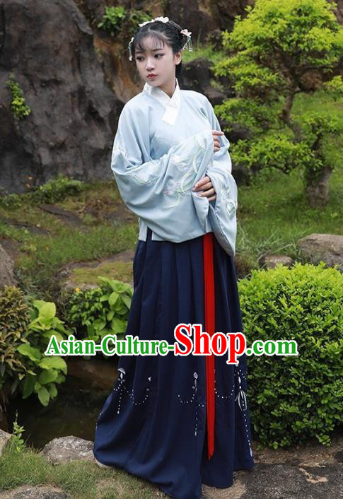 Asian China Ming Dynasty Palace Lady Costume Embroidered Sleeve Placket Blouse and Skirt for Women