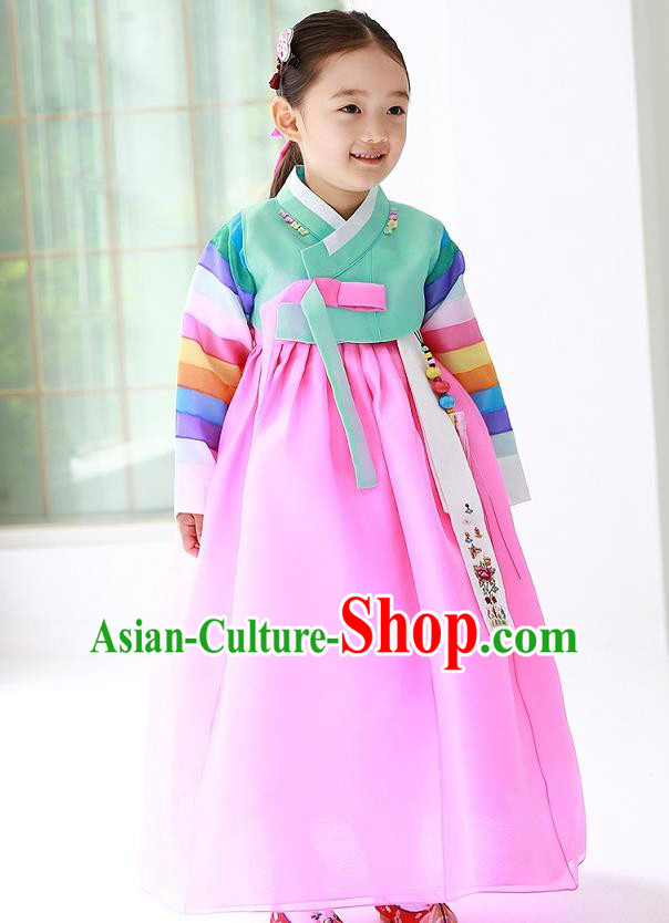 Traditional Korean Handmade Formal Occasions Costume Princess Green Embroidered Blouse and Pink Dress Hanbok Clothing for Girls