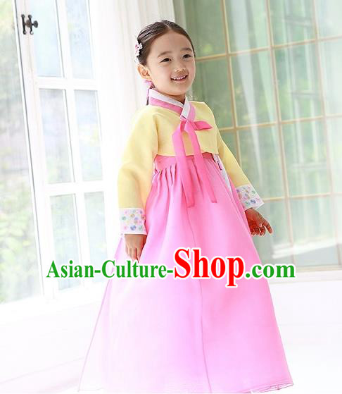 Traditional Korean Handmade Formal Occasions Costume Princess Yellow Embroidered Blouse and Pink Dress Hanbok Clothing for Girls