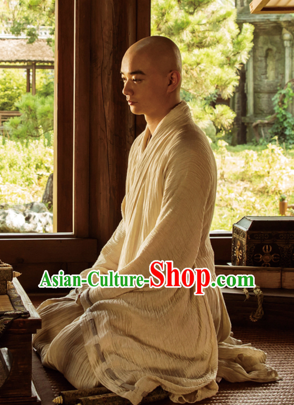 Ancient Chinese Tang Monk Long Robes Clothing Complete Set for Men