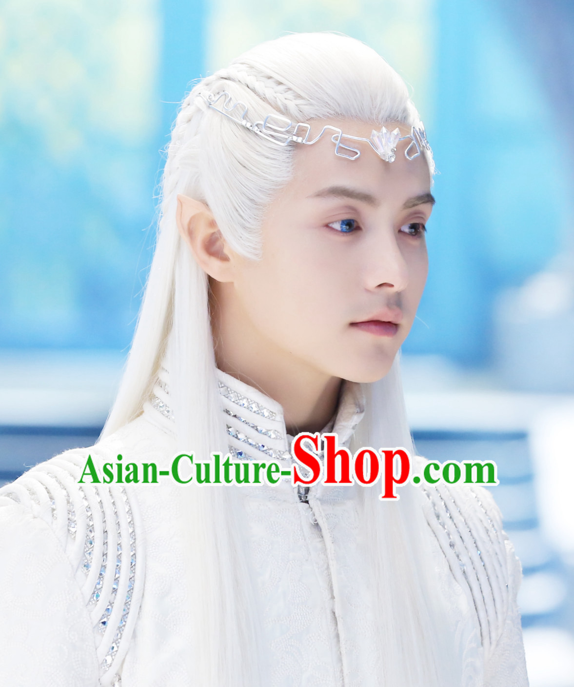 Ancient Chinese Fantasy Drama Style White Long Wigs and Hair Jewelry for Men