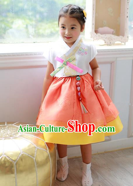 Asian Korean Traditional Handmade Formal Occasions Costume Princess Embroidered White Blouse and Orange Dress Hanbok Clothing for Girls