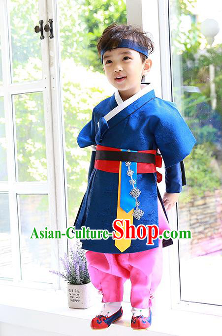 Asian Korean Traditional Handmade Formal Occasions Costume Palace Prince Embroidered Blue Hanbok Clothing for Boys