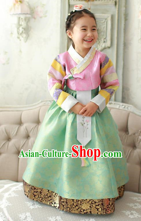 Asian Korean Traditional Handmade Formal Occasions Costume Palace Princess Embroidered Pink Blouse and Green Dress Hanbok Clothing for Girls