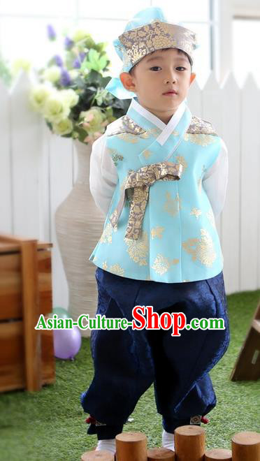 Asian Korean Traditional Handmade Formal Occasions Boys Embroidered Blue Costume Hanbok Clothing for Boys