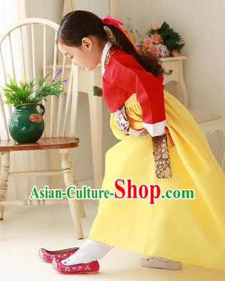 Asian Korean Traditional Handmade Formal Occasions Costume Palace Princess Embroidered Red Blouse and Yellow Dress Hanbok Clothing for Girls
