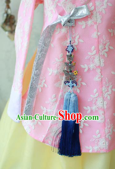 Traditional Korean Accessories Blue Tassel Butterfly Waist Pendant, Asian Korean Fashion Wedding Tassel Waist Decorations for Kids