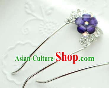 Traditional Korean National Hair Accessories Blue Flower Hairpins, Asian Korean Fashion Wedding Hanbok Hair Decorations Headwear for Women