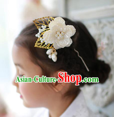 Traditional Korean National Hair Accessories Wedding Princess Shell Flower Hairpins, Asian Korean Fashion Hanbok Hair Stick Headwear for Girls