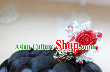 Traditional Korean National Hair Accessories Wedding Princess Red Rose Hairpins, Asian Korean Fashion Hanbok Hair Stick Headwear for Girls