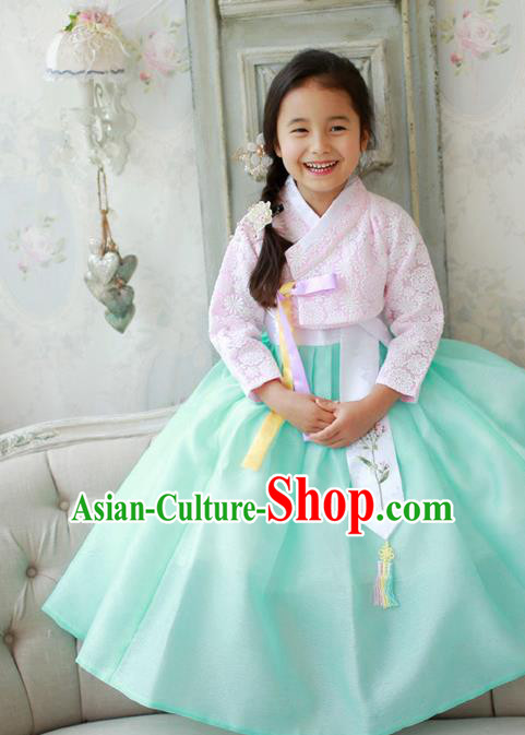 Asian Korean National Traditional Handmade Formal Occasions Girls Embroidered Pink Lace Blouse and Green Dress Costume Hanbok Clothing for Kids