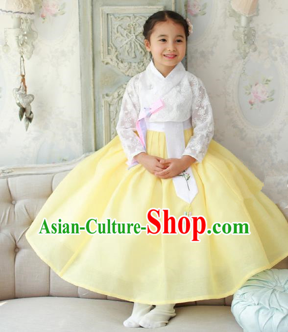Asian Korean National Traditional Handmade Formal Occasions Girls Embroidered White Lace Blouse and Yellow Dress Costume Hanbok Clothing for Kids