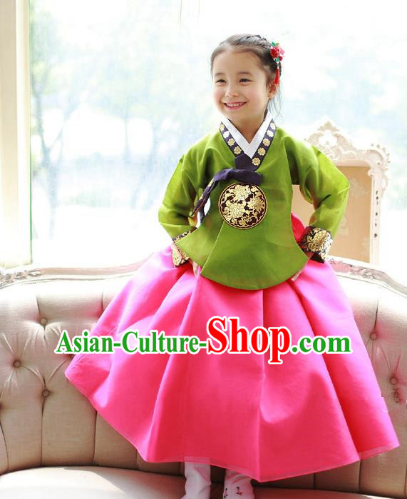 Asian Korean National Traditional Handmade Formal Occasions Girls Embroidery Green Blouse and Rosy Dress Costume Hanbok Clothing for Kids