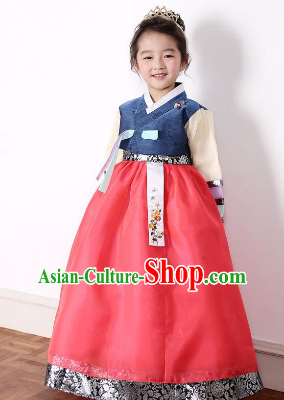 Asian Korean National Traditional Handmade Formal Occasions Girls Embroidery Blue Blouse and Red Dress Costume Hanbok Clothing for Kids