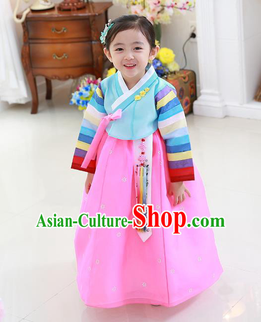 Asian Korean National Traditional Handmade Formal Occasions Girls Embroidery Hanbok Costume Blue Blouse and Pink Dress Complete Set for Kids