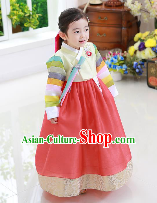 Asian Korean National Traditional Handmade Formal Occasions Girls Embroidery Hanbok Costume Yellow Blouse and Red Dress Complete Set for Kids