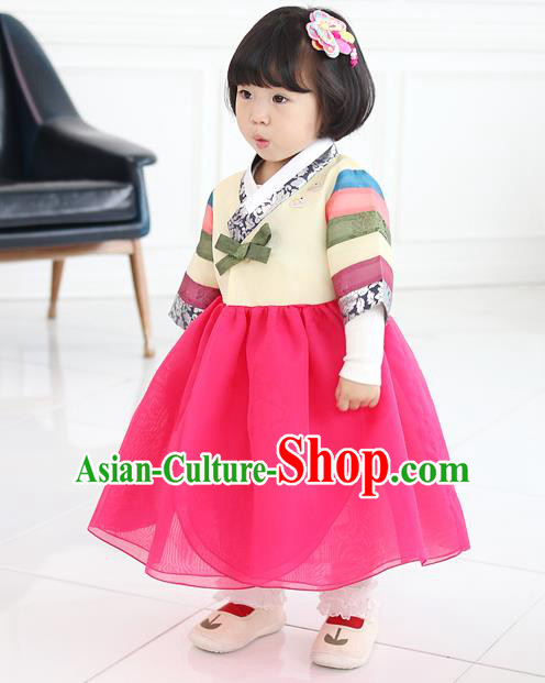 Asian Korean National Traditional Handmade Formal Occasions Girls Embroidery Hanbok Costume Pink Blouse and Red Dress Complete Set for Kids