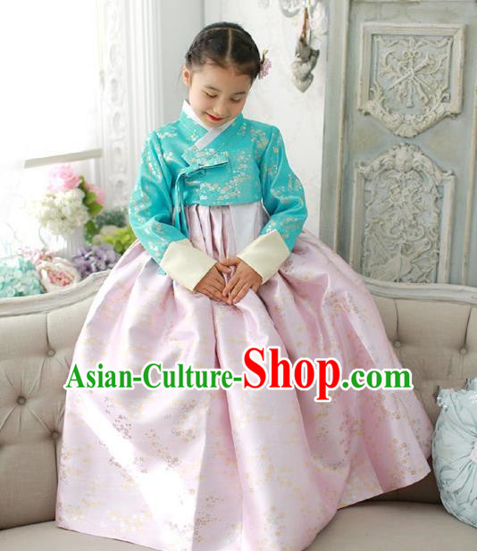Traditional Korean National Handmade Formal Occasions Girls Embroidery Hanbok Costume Green Blouse and Pink Dress for Kids
