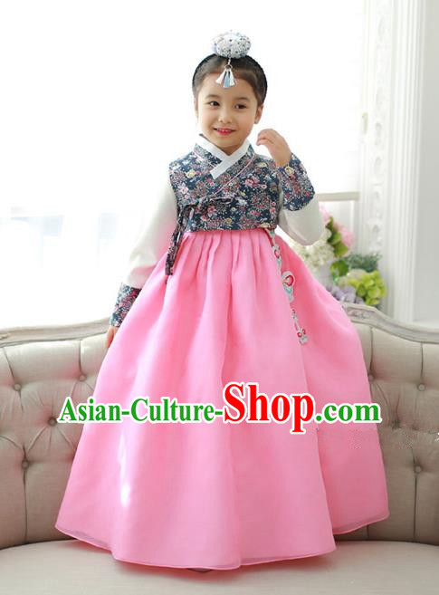 Traditional Korean National Handmade Formal Occasions Girls Hanbok Costume Printing Blouse and Pink Dress for Kids