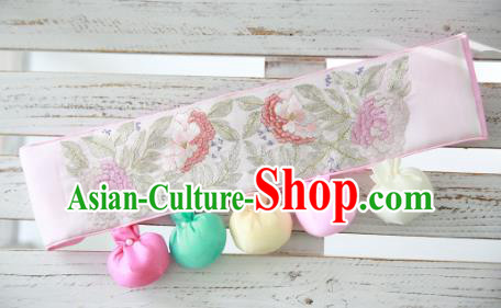 Traditional Korean Accessories Embroidered Flowers Pink Waist Belts, Asian Korean Fashion Hanbok Waistband Decorations for Kids