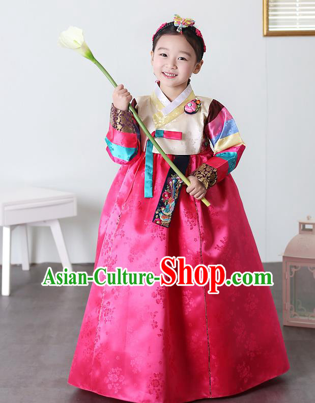 Asian Korean National Traditional Handmade Formal Occasions Girls Embroidery Hanbok Costume Yellow Blouse and Rosy Dress Complete Set for Kids