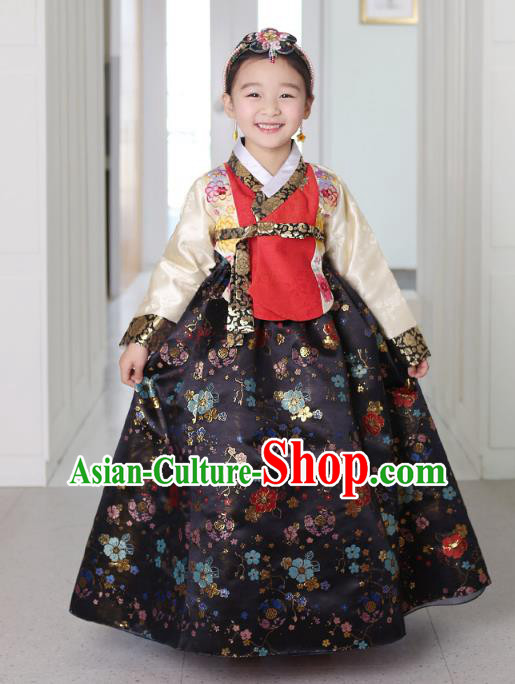 Asian Korean National Traditional Handmade Formal Occasions Girls Embroidery Hanbok Costume Red Blouse and Black Dress Complete Set for Kids