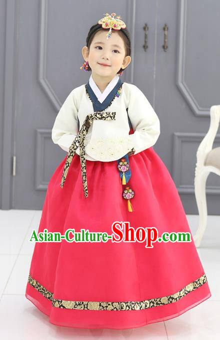 Traditional Korean National Handmade Formal Occasions Girls Embroidery Hanbok Costume White Blouse and Pink Dress Complete Set for Kids