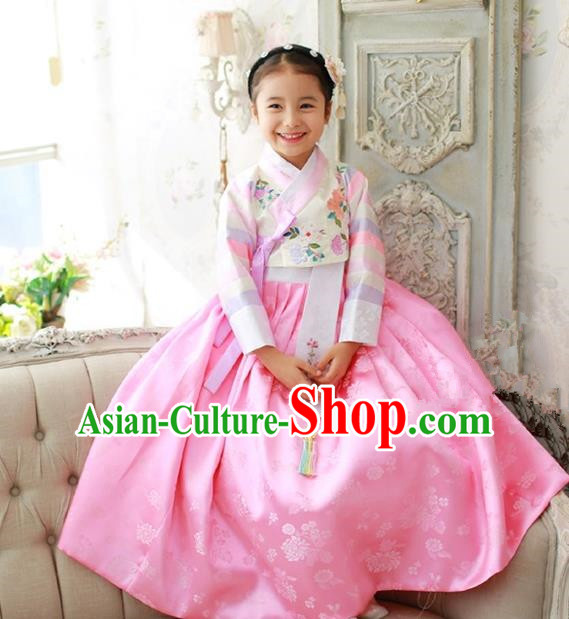 Korean National Handmade Formal Occasions Girls Embroidery Hanbok Costume White Blouse and Pink Dress Complete Set for Kids