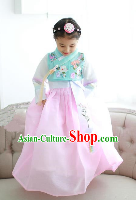 Korean National Handmade Formal Occasions Girls Hanbok Costume Embroidery Green Blouse and Pink Dress for Kids