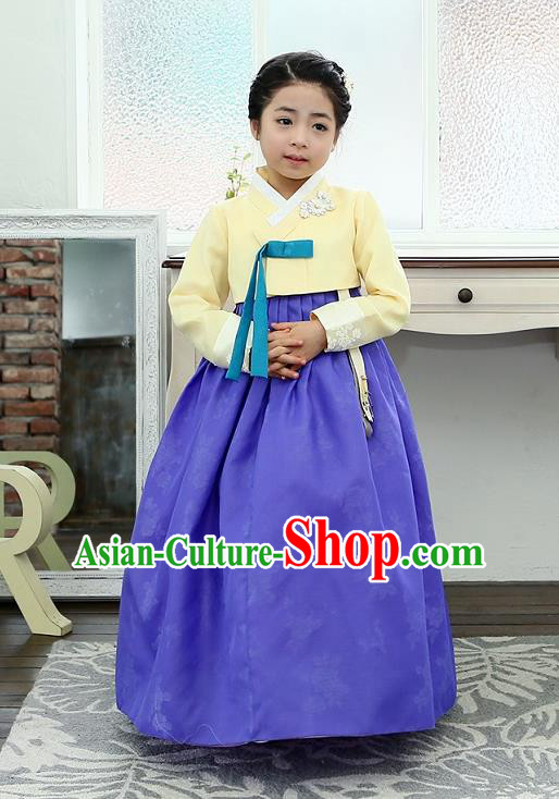 Traditional Korean National Handmade Formal Occasions Girls Hanbok Costume Embroidered Yellow Blouse and Blue Dress for Kids